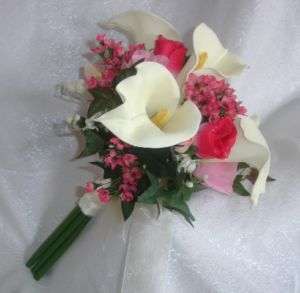   Watermelon Calla Lily Roses Bridal Bouquet Silk Wedding Flowers  