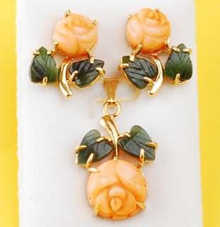 Angelskin Coral Rose & Green Jade Leaf Gold Stud Earring & Pendant Set