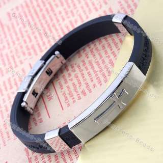   Steel Rubber Great Wall Pattern Cross Bracelet Wristband Bangle  