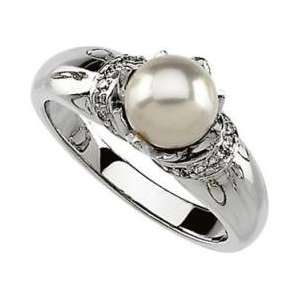  14K White Gold Cultured Pearl & Diamond Ring: Jewelry