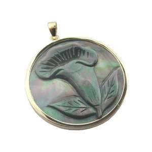  Black Mother Of Pearl Lily Cameo Pendant With Gold Trim 