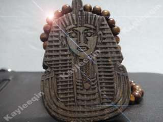   Pharaoh King Tut Piece Pendant Wood Rosary Bead Chain Necklace 90cm
