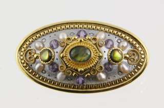 Michal Golan Pearl Green/Lavender Stone Encrusted Goldtone Brooch 