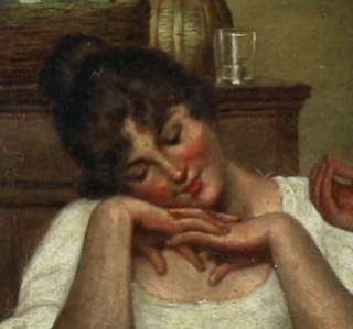  GENRE FEMALE PORTRAIT INTERIOR WOMEN DRINKING WINE OIL PAINTING  