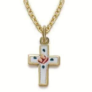 Gold Filled Cross Necklace in an Enameled Rose Design Cross Necklaces 