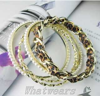   Womens Leopard Pearl Golden Vintage Stylish Bangle Bracelet Z1018