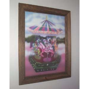  Carousel Horses Picture Print in Rope trimmed Pine Wood 