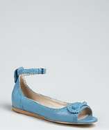 Balenciaga blue leather peep toe ankle strap flats style# 319180401