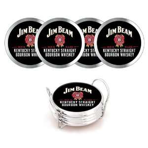  JIM BEAM LEATHER AND CHROME COASTER SET WITH CADDY 