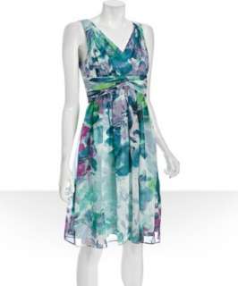 Donna Morgan teal floral silk chiffon knot front tank dress   