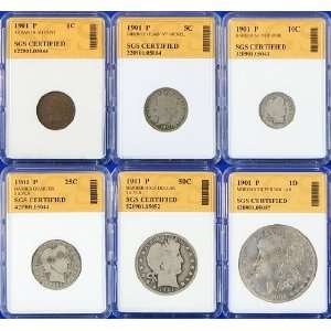 1901 P Mint 6 Coin Year Set with Morgan Dollar   SGS 