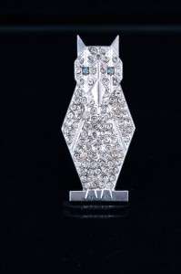   Deco 1920s Silver Plated Paste Pave Rhinestone Owl Pin Broooch  