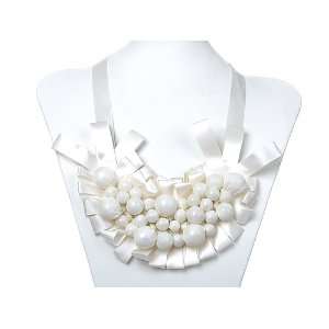   Festive Fancy Clustered Ivory Faux Pearl Ribbon Bib Necklace Jewelry