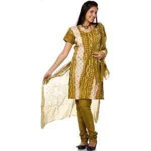 Olive Green Bandhani Salwar Kameez Suit with Painted Bootis   Pure 