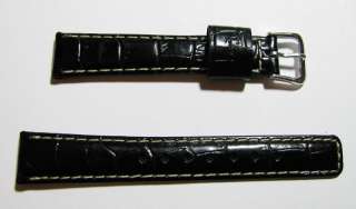 16mm Ladies Black Leather Watch Band White Stitch  