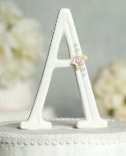 White Rose Pearl Monogram Letter Wedding Cake Topper  